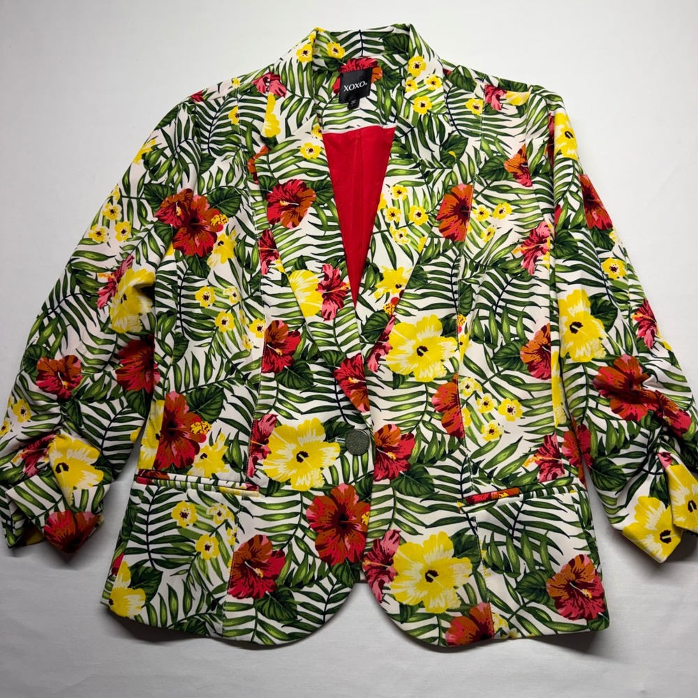 XOXO Blazer Tropical Floral Print Large Multi Womens Ruched Sleeve Summer Coat
